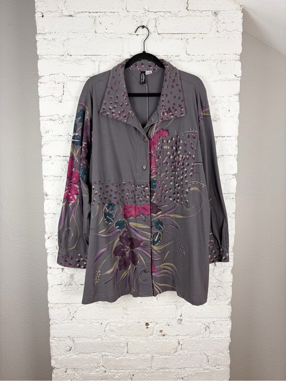 Winter Sun Handprinted Fair Trade Floral Button Mauve Blouse Plus 3X